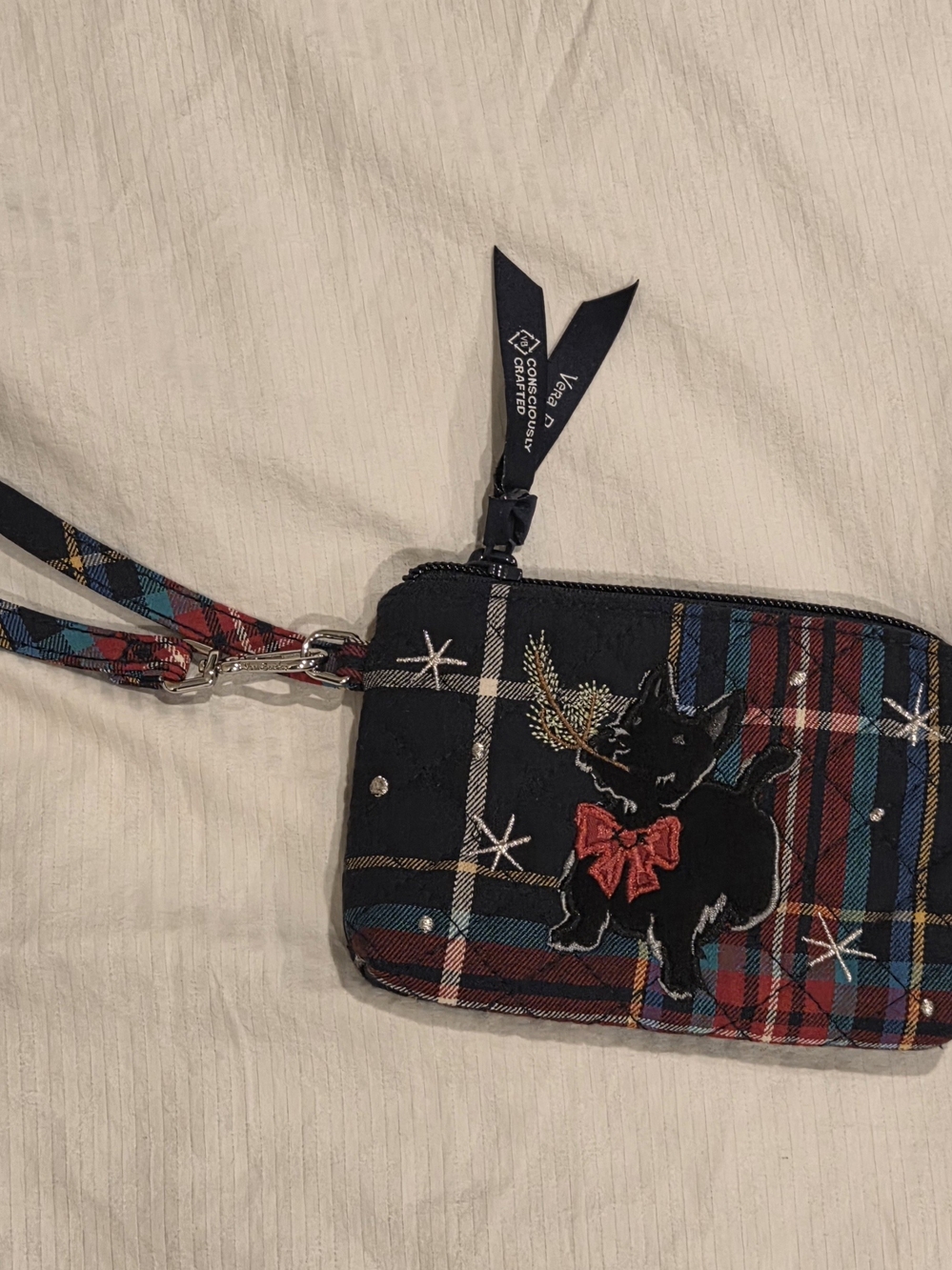 Vera Bradley Navy Quilted Wristlet Keychain with Red Plaid Strap